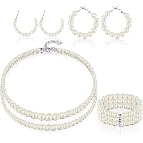 Pearl Rhinestone Jewelry Set for Women Pearl Necklace Bracelet Earrings - Picture 1 of 7